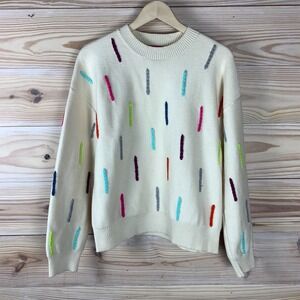 THML Sweater Womens Large  Ivory Yarn Embroidered Dolman Sleeve Preppy